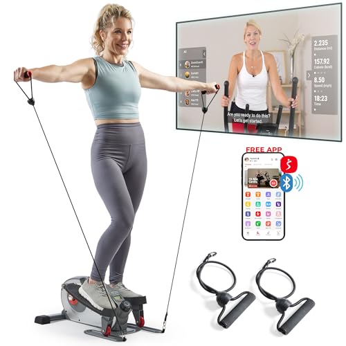 Sunny Health & Fitness 2-in-1 Sit/Stand Mini Elliptical Machine, Portable Under Desk Peddler Exerciser for Senior Home Workout, Optional Free Sunnyfit App Bluetooth Link, Handlebars or Resistance Band
