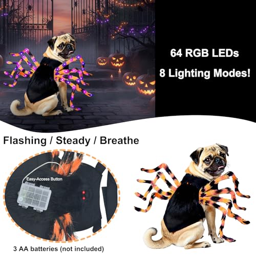 64 LED Spider Dog Halloween Costume for Large & XL Dogs, Furry Giant Spider Pet Costume with Multicolor Lights, Funny Halloween Party Outfit, Glowing Cosplay with Adjustable Straps（​L）