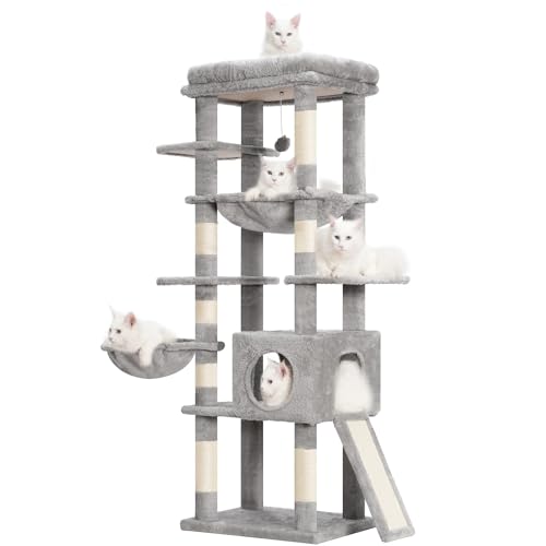 Hey-brother Cat Tree Tower, Scratching Posts with Condo, Large Hammock and Bed, Sisal Scratch Board, Basket, Multi-Leval for Big Indoor Cats, 60 inches, Smoky Gray MPJ057G