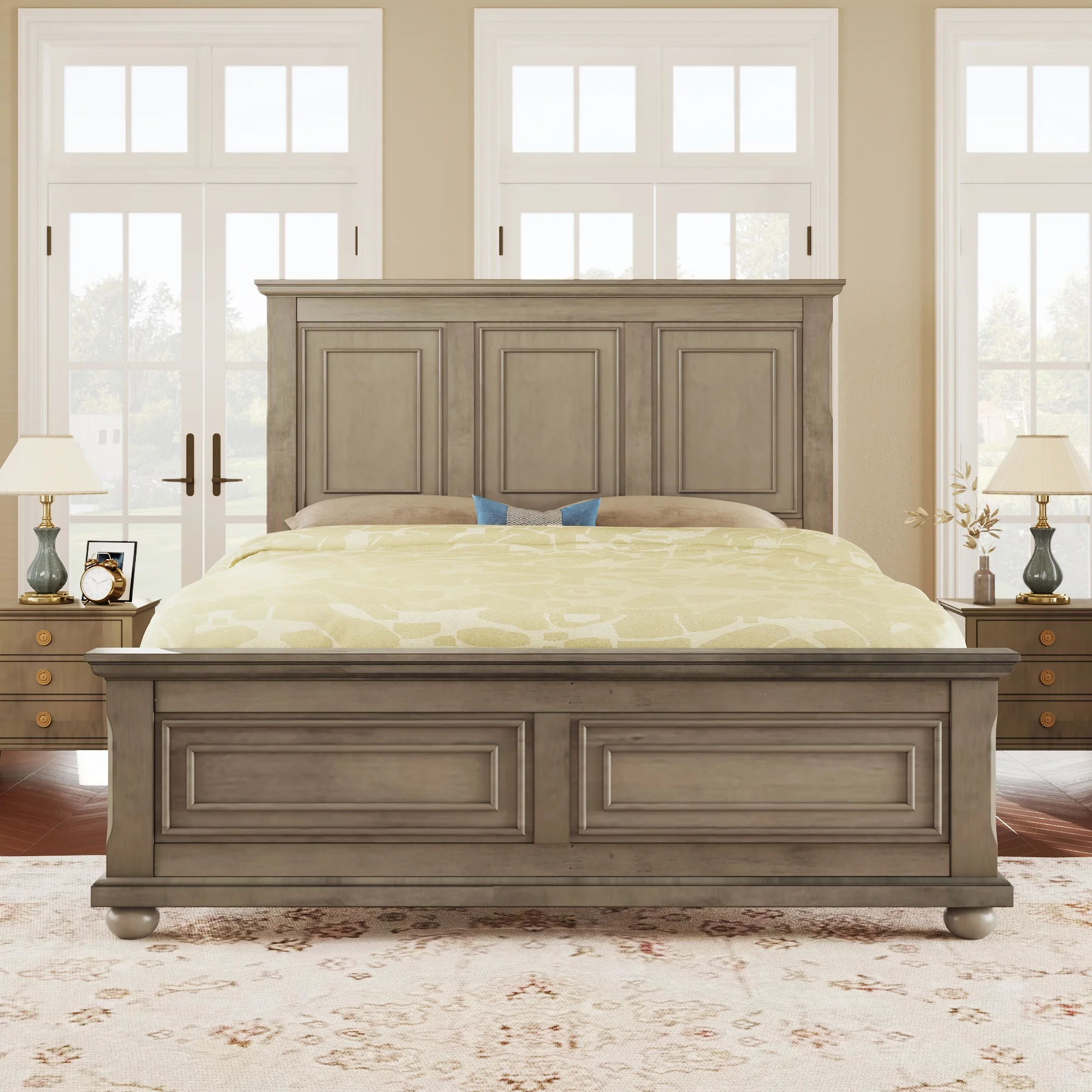 Stone-Hued Queen Mansion Bed with Traditional Town & Country Pinewood Design