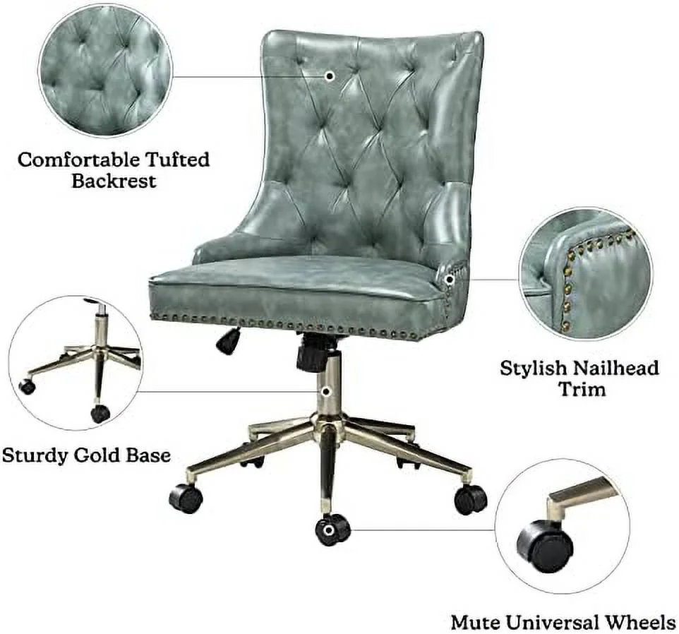 PU Leather Office Chair Armless, Home Office Leisure Chair Ergonomic -Back PU Leather Armless Chair Upholstered With 5 Rolling Casters, Height Adjustable Swivel Task Chair, SAGE