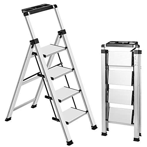 XinSunho 5 Step Ladder, Retractable Handgrip Folding Step Stool with Anti-Slip Wide Pedal, Aluminum Stool Ladders 5 Steps, 330lbs Safety Household Ladder