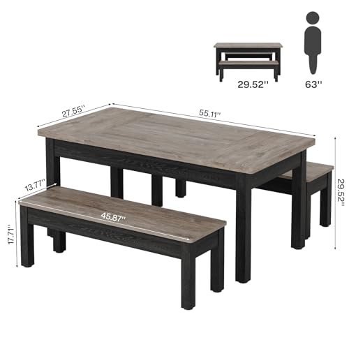 Tribesigns Farmhouse Kitchen Table Set for 4-6, 55-Inch Wooden Dining Table with 2 Benches, Space Saving 3 Pieces Heavy Duty Dinette for Dining Room, Kitchen, Small Space