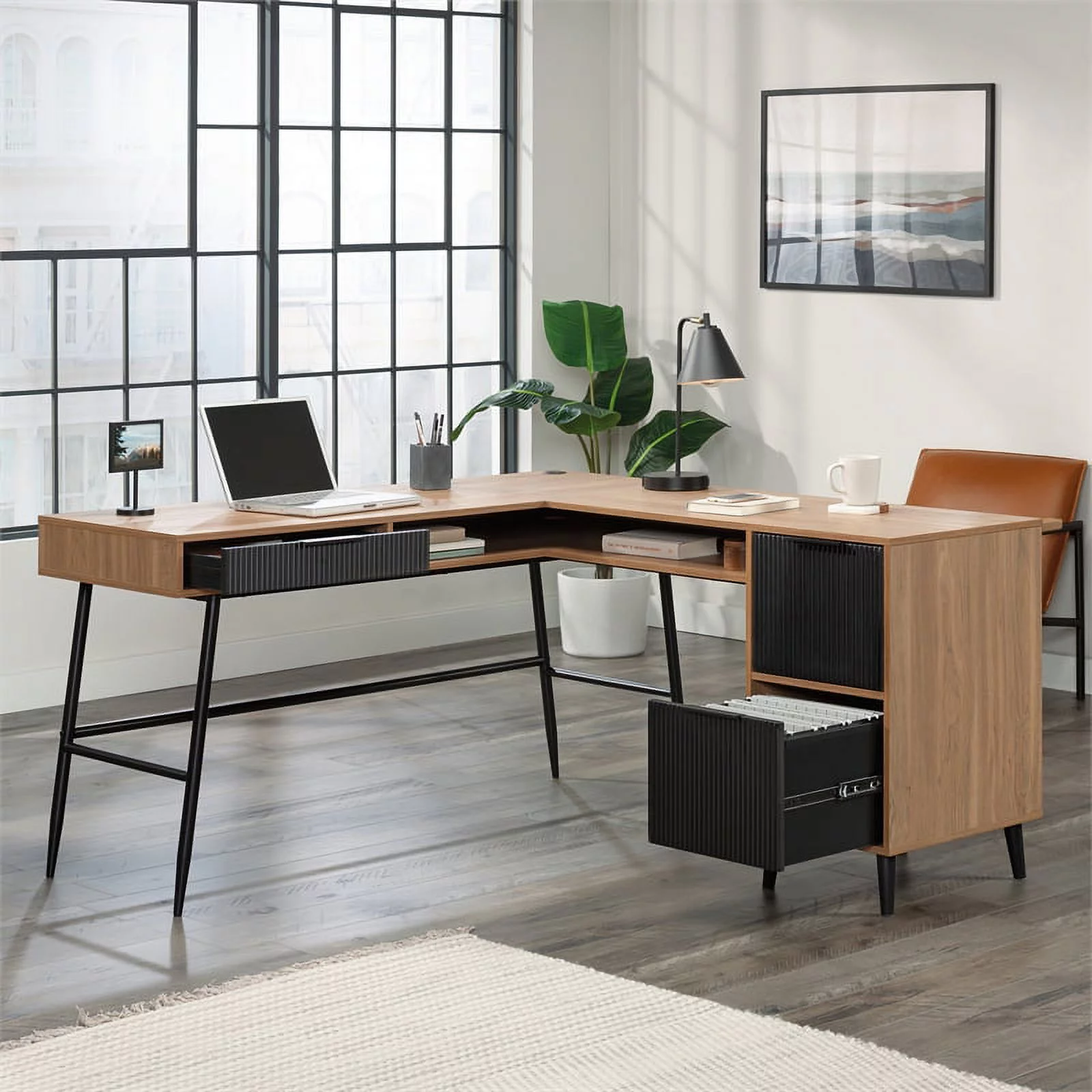 Sauder Ambleside Engineered Wood/Metal L-Desk in Serene Walnut