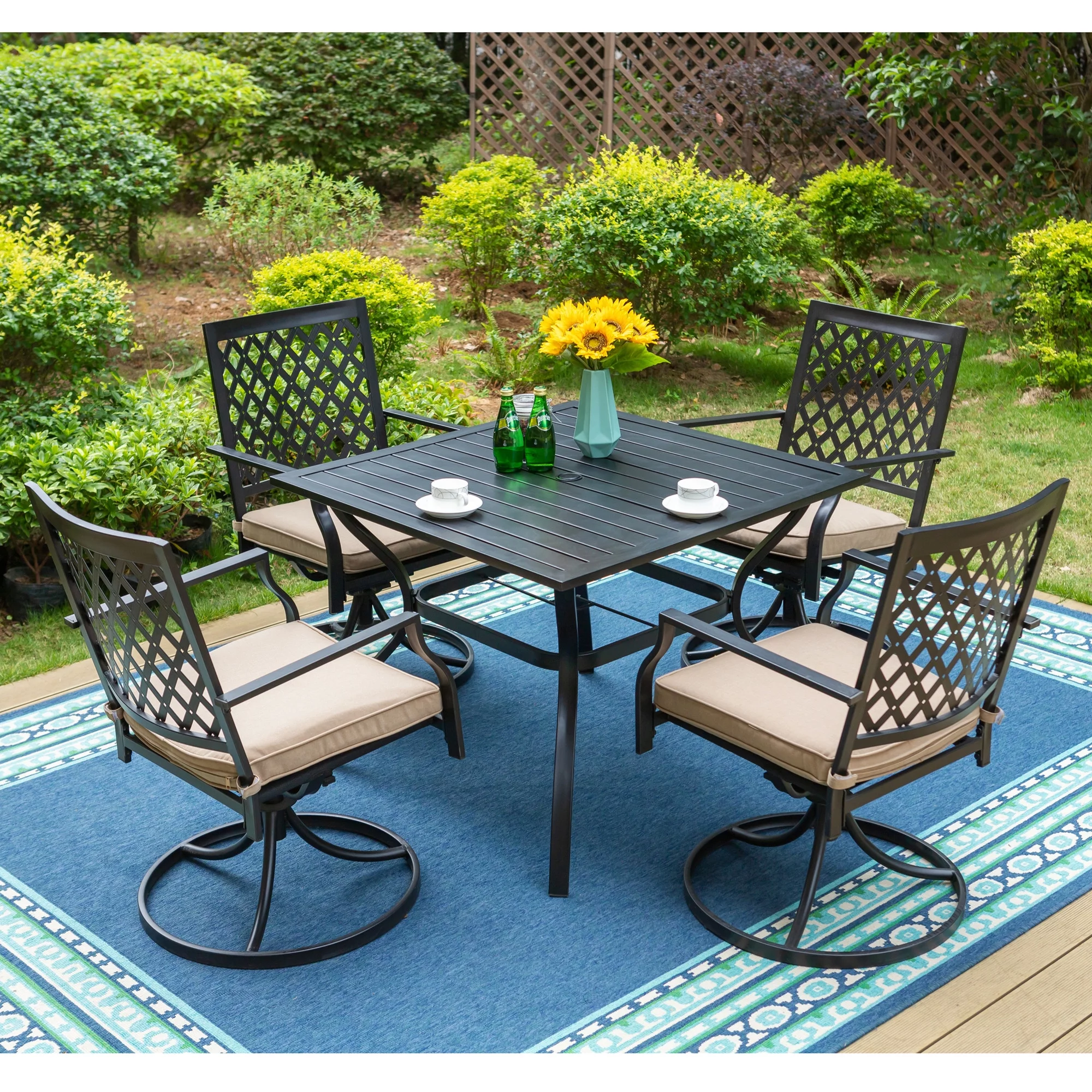 MF Studio 5-Piece Patio Dining Set Outdoor Metal Furniture with 4 Swivel Padded Chairs& 37