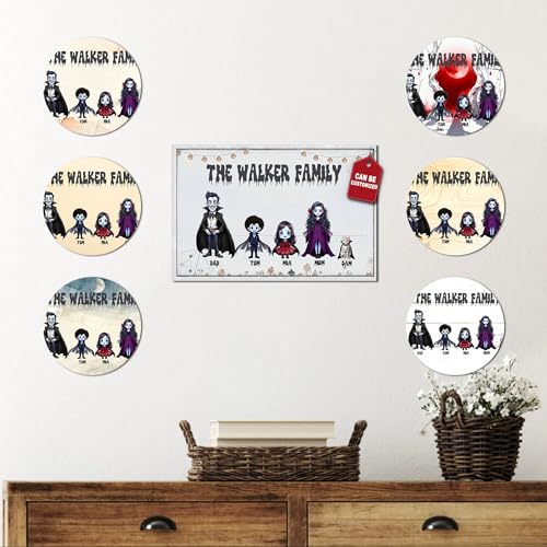 Personalized Vampire Family Halloween Wall Art Framed Canvas Print Custom Family Name Painting Rustic Living Room Bedroom Seasonal Decor for Mom Dad Kids 24L