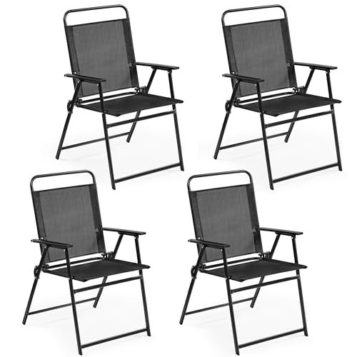 Yaheetech Outdoor Folding Patio Chairs Set of 4, Portable Outdoor Folding Chairs for Outside, Lawn, Garden and Porch with Metal Frame, Armrests, Stackable, Foldable and Portable Design, Black