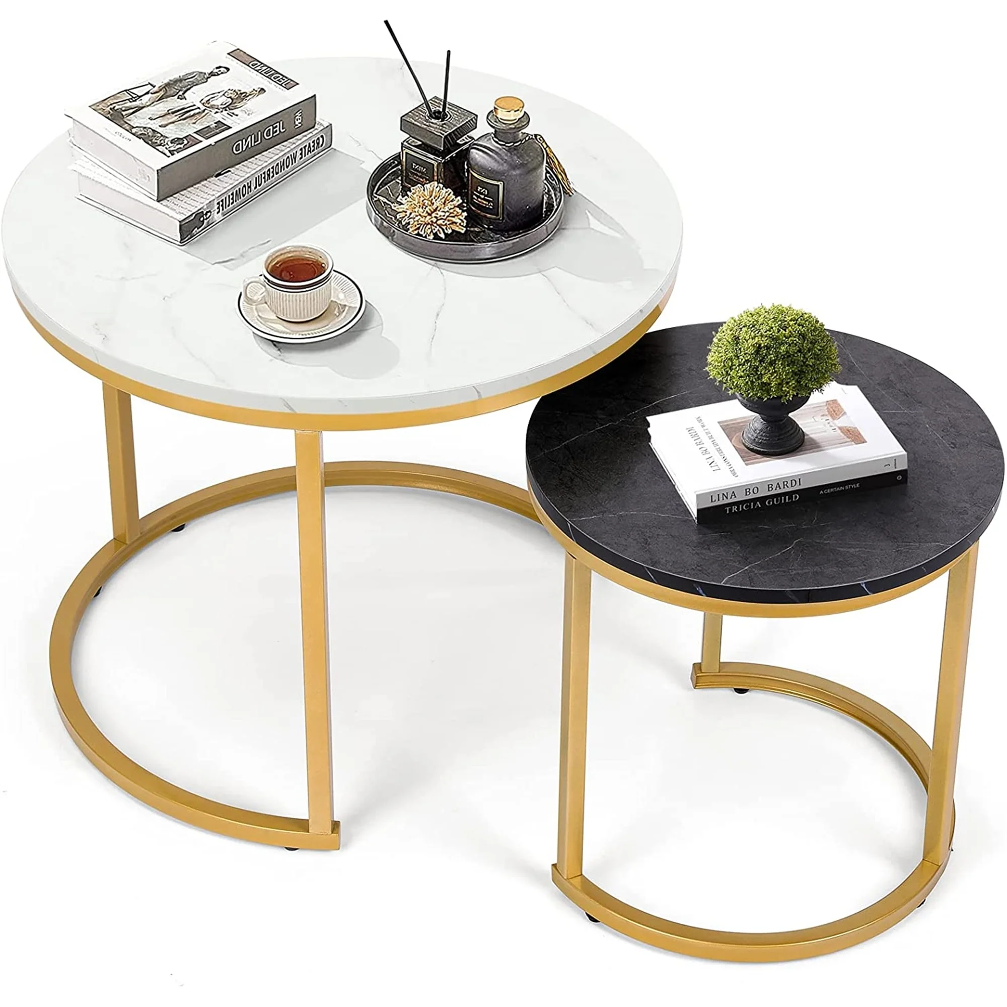 Modern Round Nesting Tables with Metal Frame (Set of 2) (White & Black)