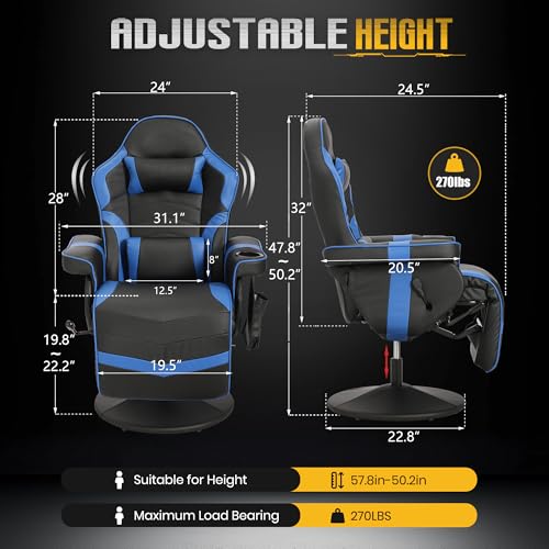 Massage Gaming Recliner Chair with Cup Holder & Side Pockets – Ergonomic PU Leather Video Gaming Chair with Footrest, Manual Recline, Headrest & Lumbar Support for Office or Game Room (Grey)