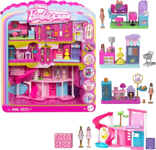 Barbie Mini Land DreamHouse & 3 Playsets with 4 1.5-Inch Dolls, Doll House Furniture & Accessories, Includes Pet Boutique, Hair Salon, & Supermarket