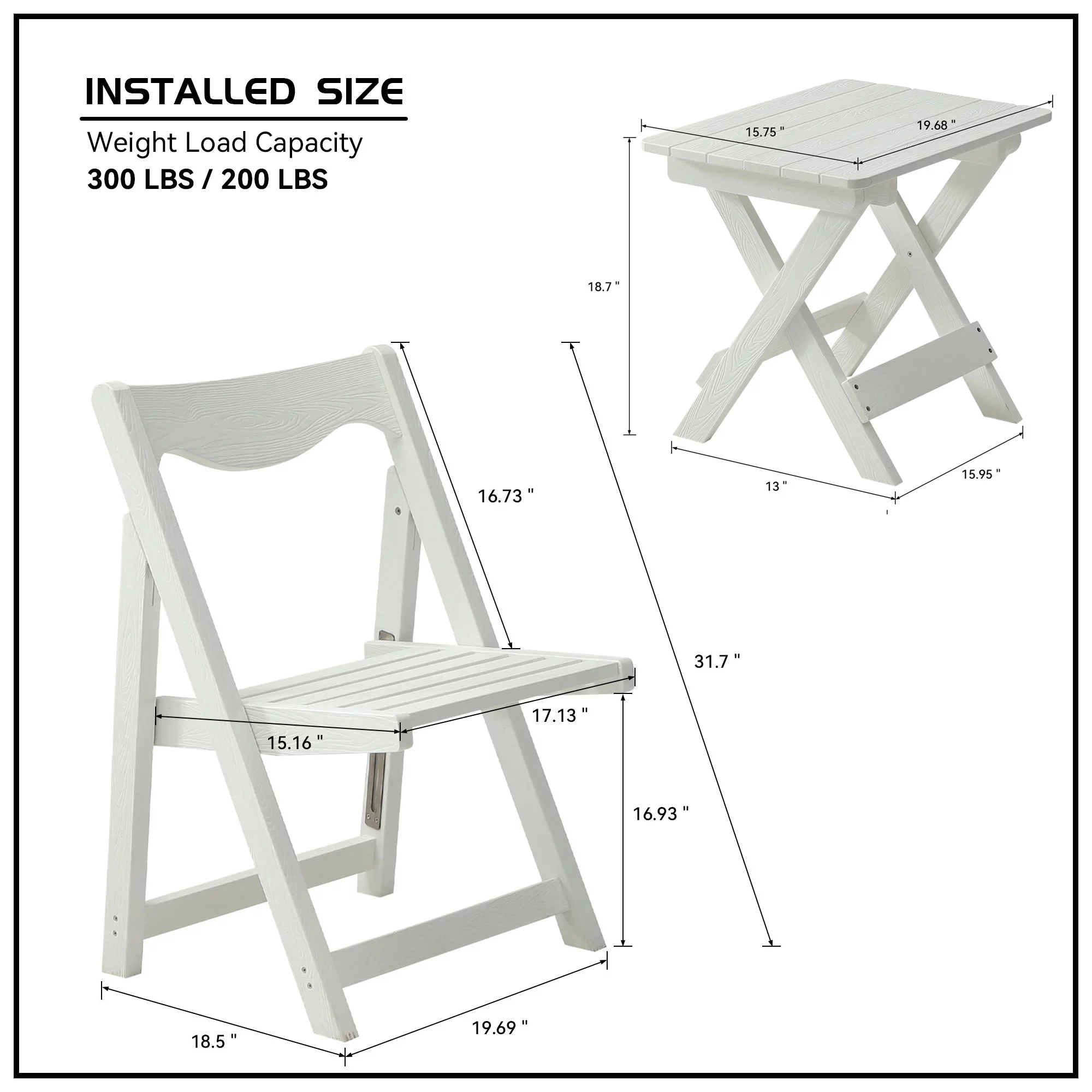 HIPS Foldable Small Table and Chair Set with 2 Chairs and Rectangular Table White