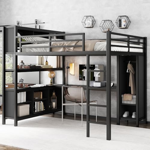 Queen Size Metal Loft Bed with Wardrobe and L-Shaped Desk,Storage Cubes and Shelves,for Kids Teens Adults Bedroom Use (Black#y, Queen)