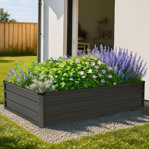 NUU GARDEN 6x3x1ft Rectangular Galvanized Raised Garden Bed for Gardening Elevated Planting Metal Planter Box Outdoor Patio Planting Bed for Vegetables Flowers Herb, Dark Gray