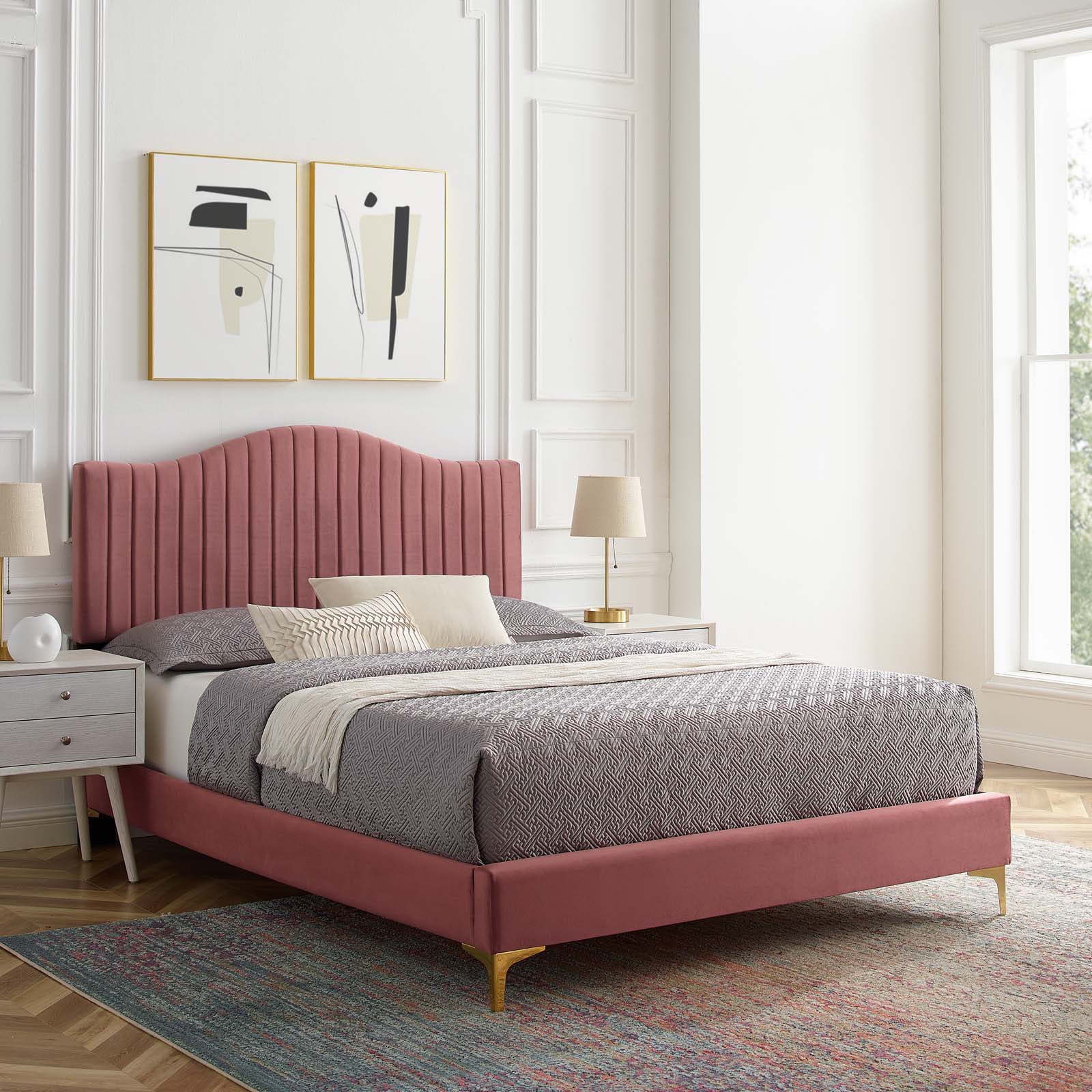 Tufted Platform Bed Frame, Twin Size, Velvet, Pink, Modern Contemporary Urban Design, Bedroom Master Guest Suite