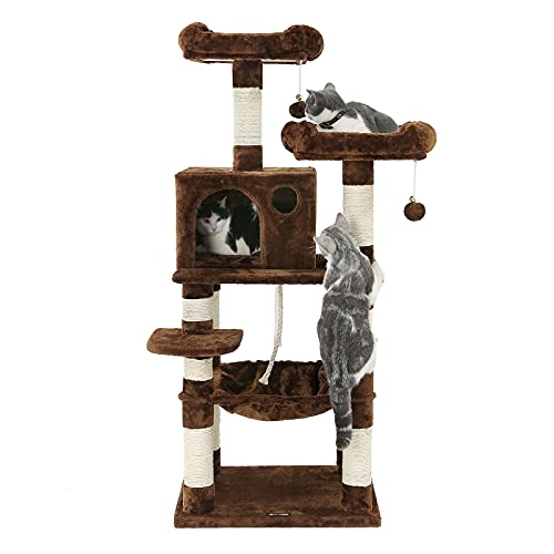 FEANDREA Cat Tree, Cat Tower for Indoor Cats, 56.3-Inch Cat Condo with Scratching Posts, Hammock, Plush Perch, Light Gray UPCT15W