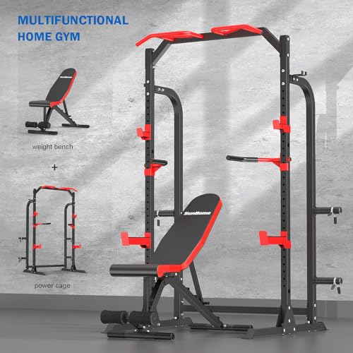 SunHome Power Cage Squat Rack with Bench, Multi-Functional Power Rack with J-Hooks, Dip Handles, Weight Plate and Olympic Bar Storage Home Gym