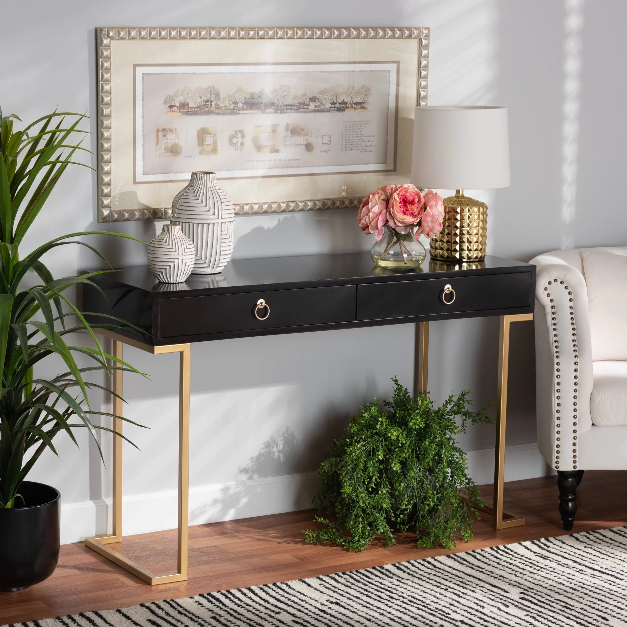 Baxton Studio Beagan Modern Wood and Metal 2 Drawer Console Table, Black/Gold
