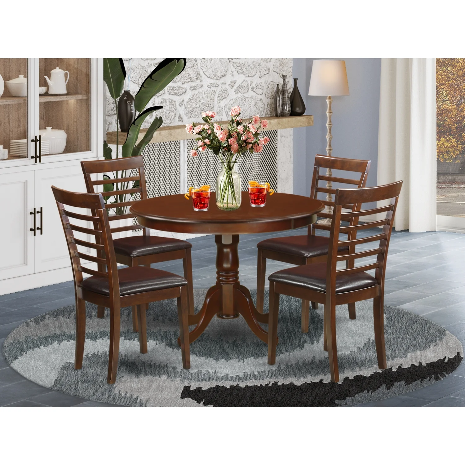 East West Furniture  5 Piece Dining Table Set- a Round Kitchen Table with Pedestal and 4 Chairs, Mahogany(Seat Type Options) HLML5-MAH-LC
