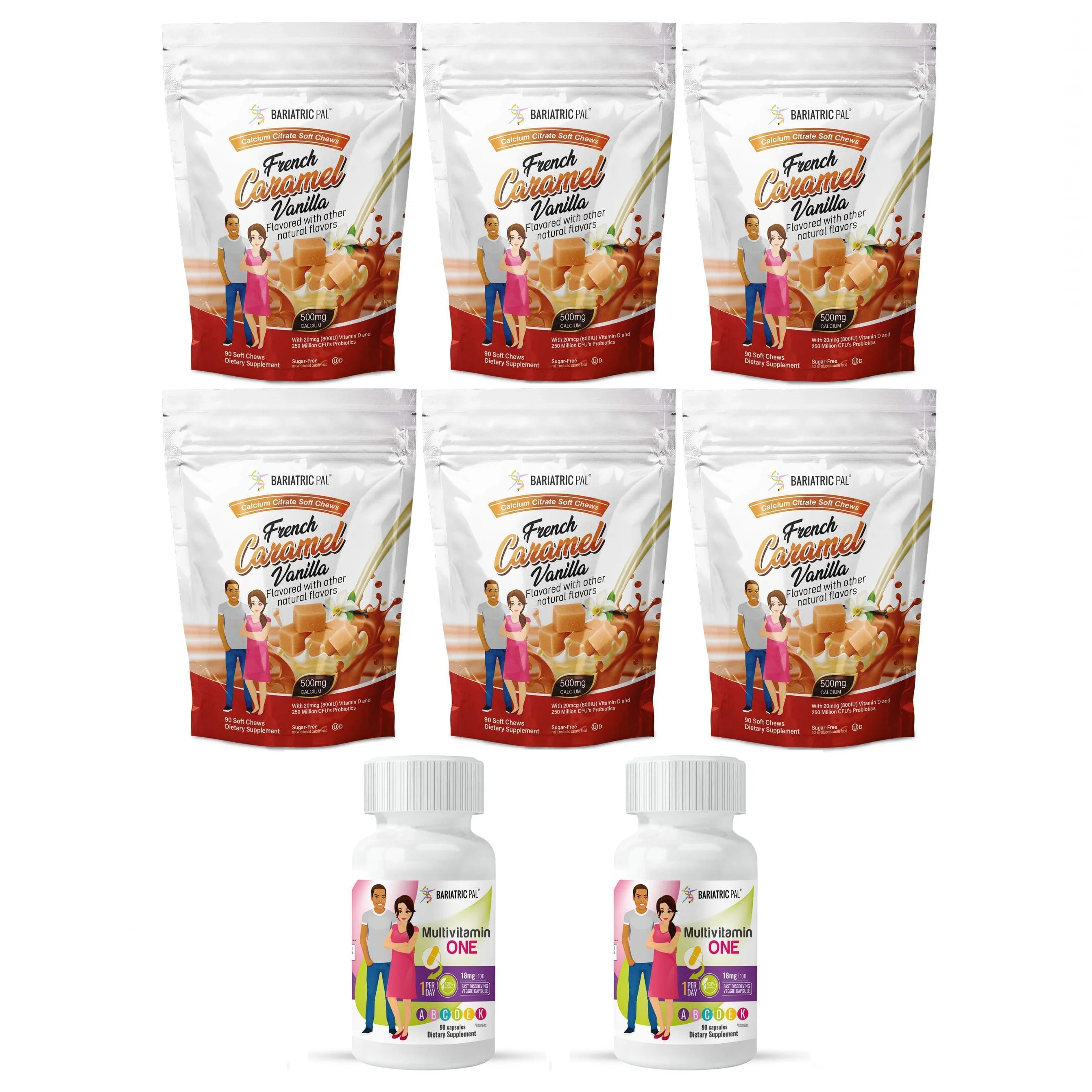 Gastric Sleeve Complete Vitamin Pack - Capsules Size: 6-Month Supply, BariatricPal Multivitamin ONE: Capsule with 18mg Iron, BariatricPal Calcium Citrate Soft Chews: French Vanilla Caramel