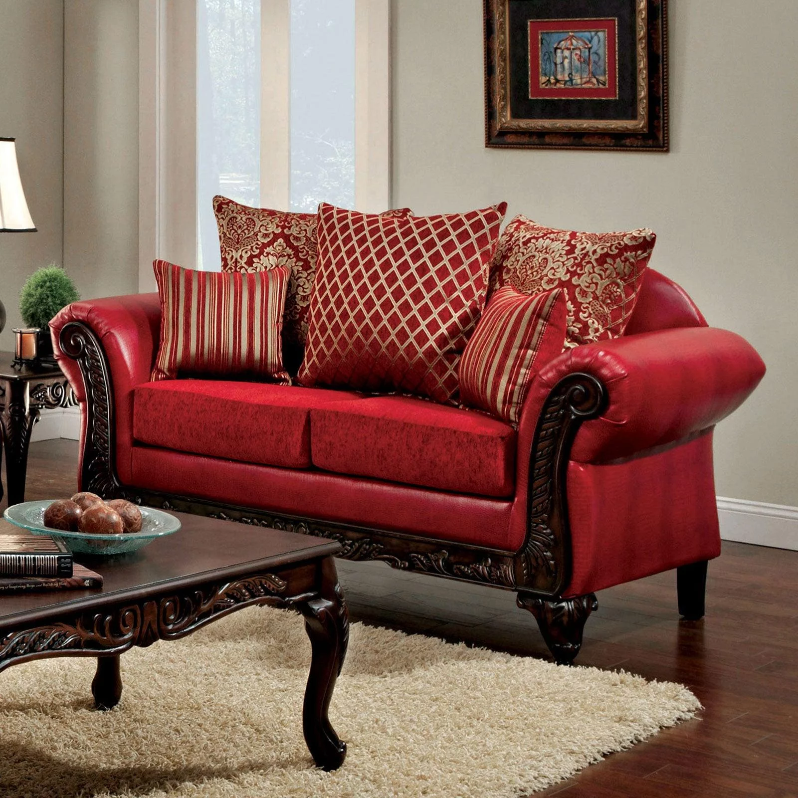 Traditional Red Leatherette Sofa and Loveseat Furniture of America Marcus