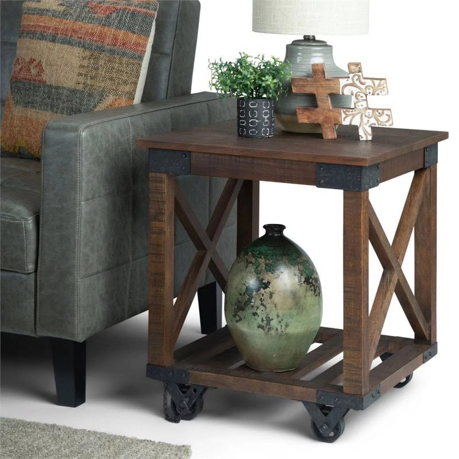 Pemberly Row Farmhouse Solid Wood End Table in Distressed Dark Brown
