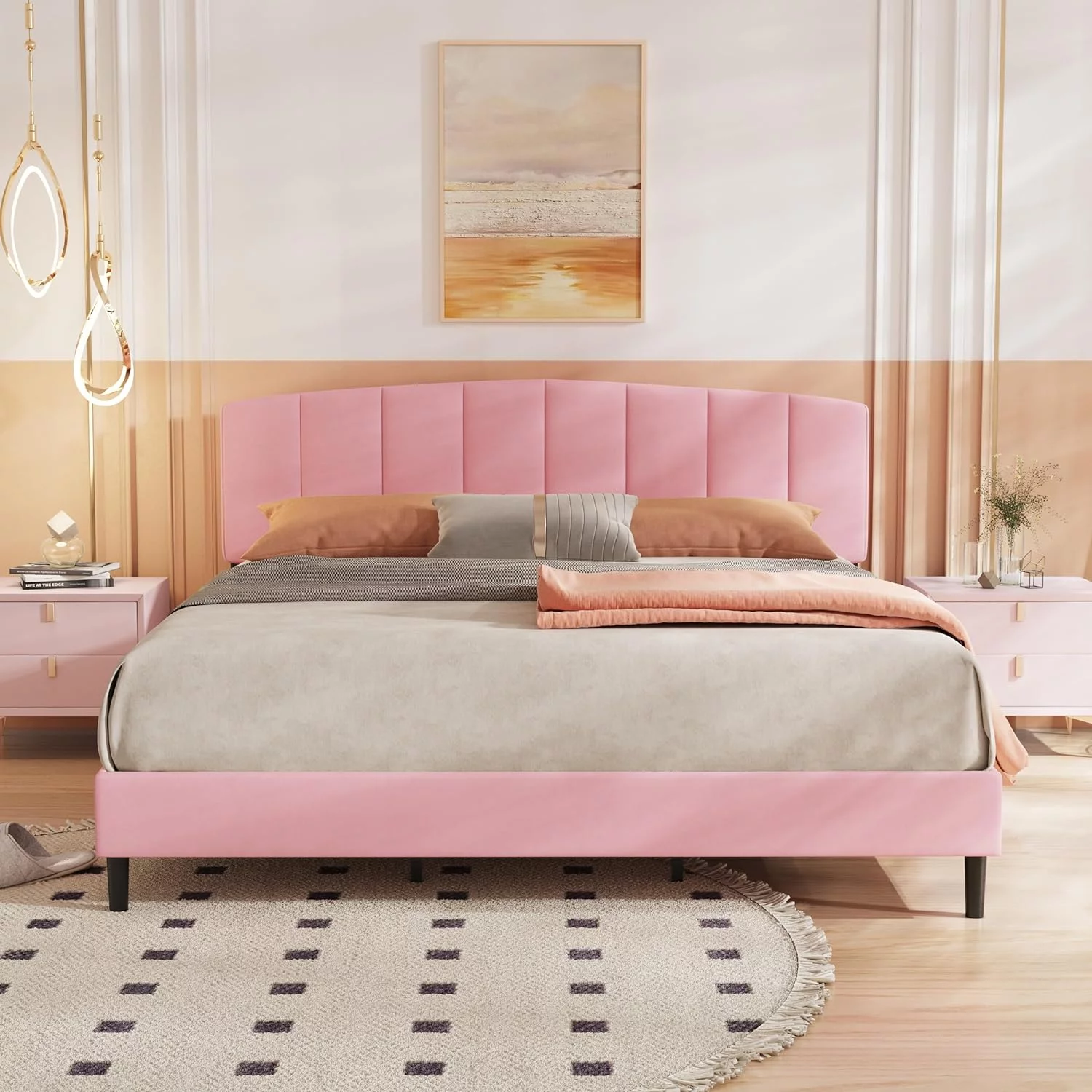 alazyhome King Size Upholstered Platform Bed Frame with Velevt Headboard, Pink