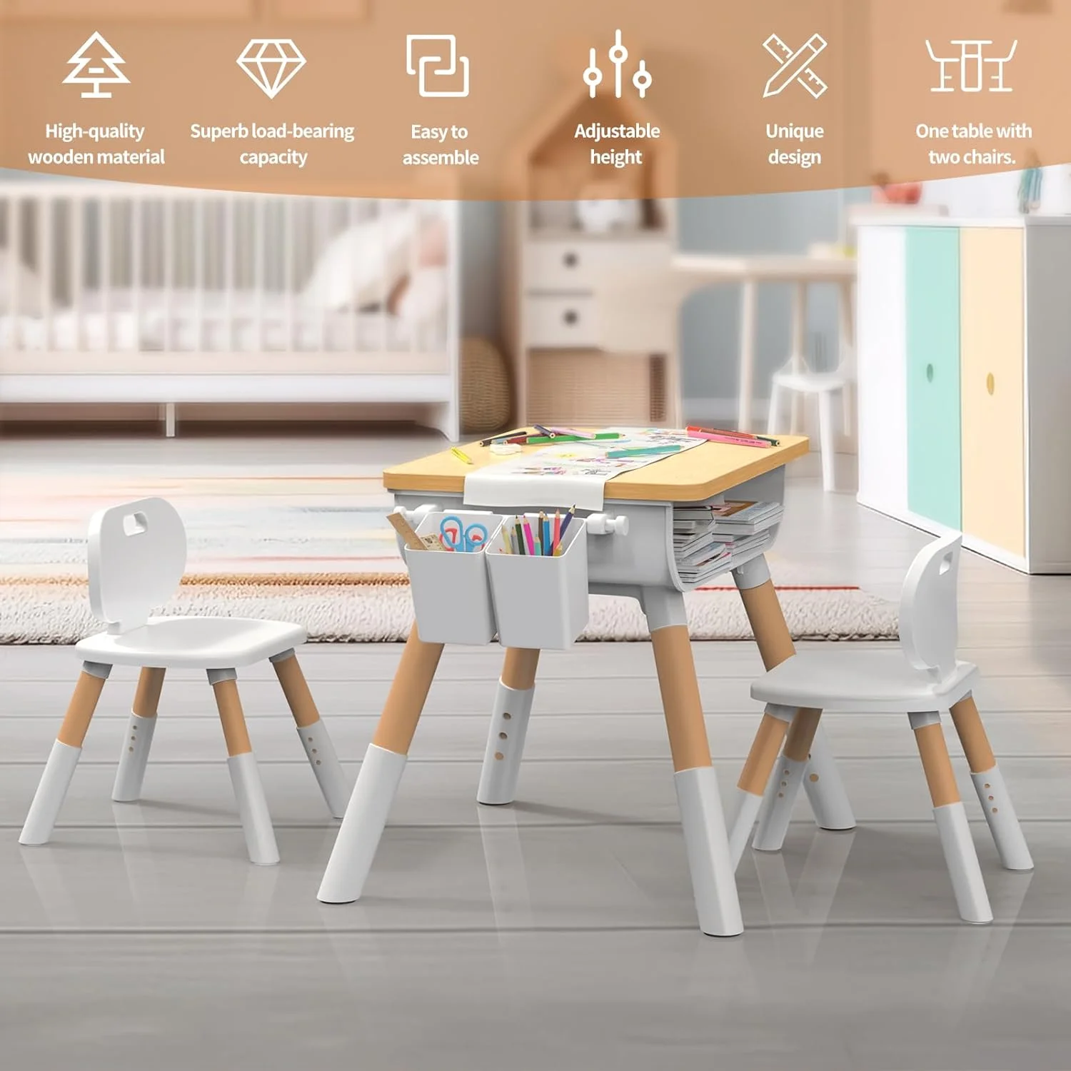 Kids Table and Chair Set, Wooden Table and Chair Set, Kids Study Table and Chairs Set, Adjustable Height, Waterproof and Graffitiable Kid Table and Chair Set for Kids Arts & Crafts,Homework & Play