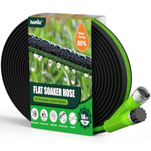 RAINPOINT 25ft Flat Soaker Hose, 80% Water-Saving Drip Irrigation Hose, Leakproof and Flexible with Anodized Aluminum Ends, Double Layer Gardening Hoses for Gardens, Vegetables and Trees, Green