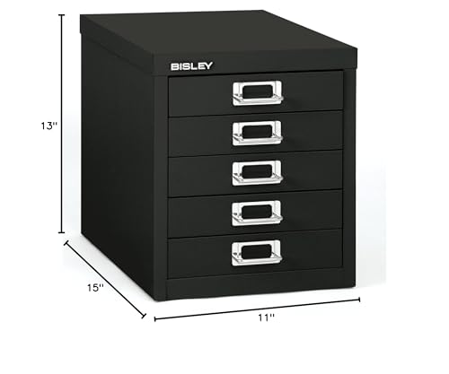 Bisley 10-Drawer Steel MultiDrawer Cabinet - Black, Chrome Pull Handles with Label Holders, Powder-Coated Steel, Removable Drawers, Fits Under Most Desks, Labels Included