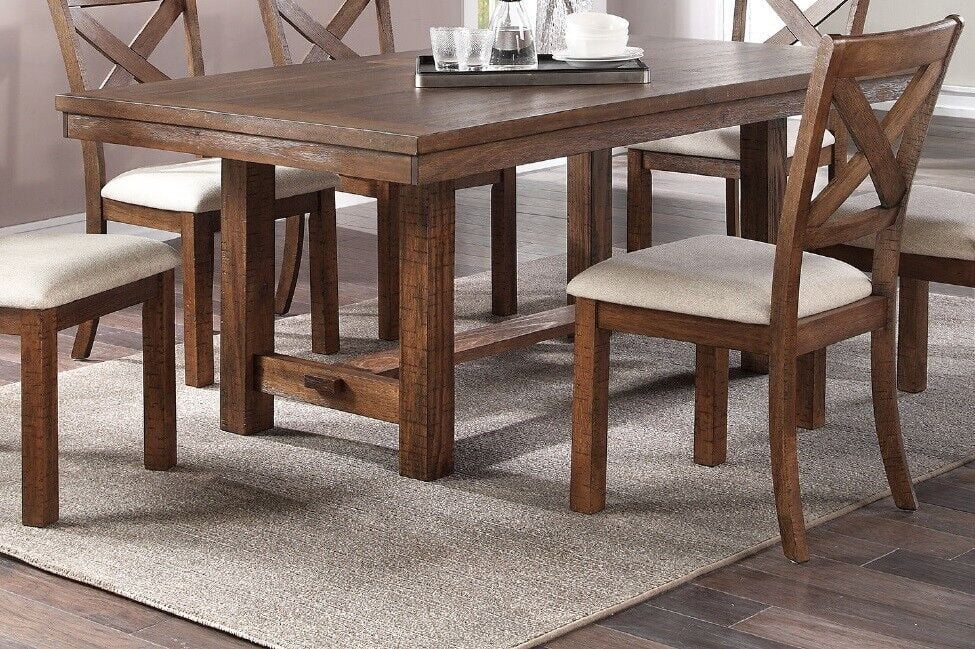 Modern Unique 7pc Dining Set Table 6x Side Chairs Cushion Upholstered Solid wood Kitchen Dining Room Furniture Natural Finish