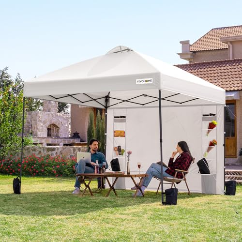 VIVOHOME 10x10ft Pop Up Canopy Tent One Push Setup Outdoor Portable Shelter Tent Heavy Duty with Wheel Carry Bag and 4 Sandbags, White