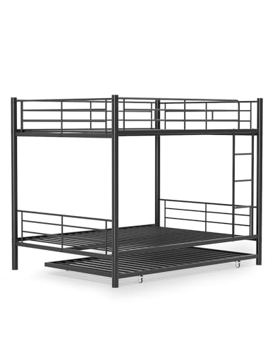Full Over Full Bunk Bed with Trundle, Heavy Duty Metal Bed Frame with Full-Length Guardrails & Ladder, 3-in-1 Convertible Full Bunk Bed, Noise-Free, No Box Spring Needed, Black