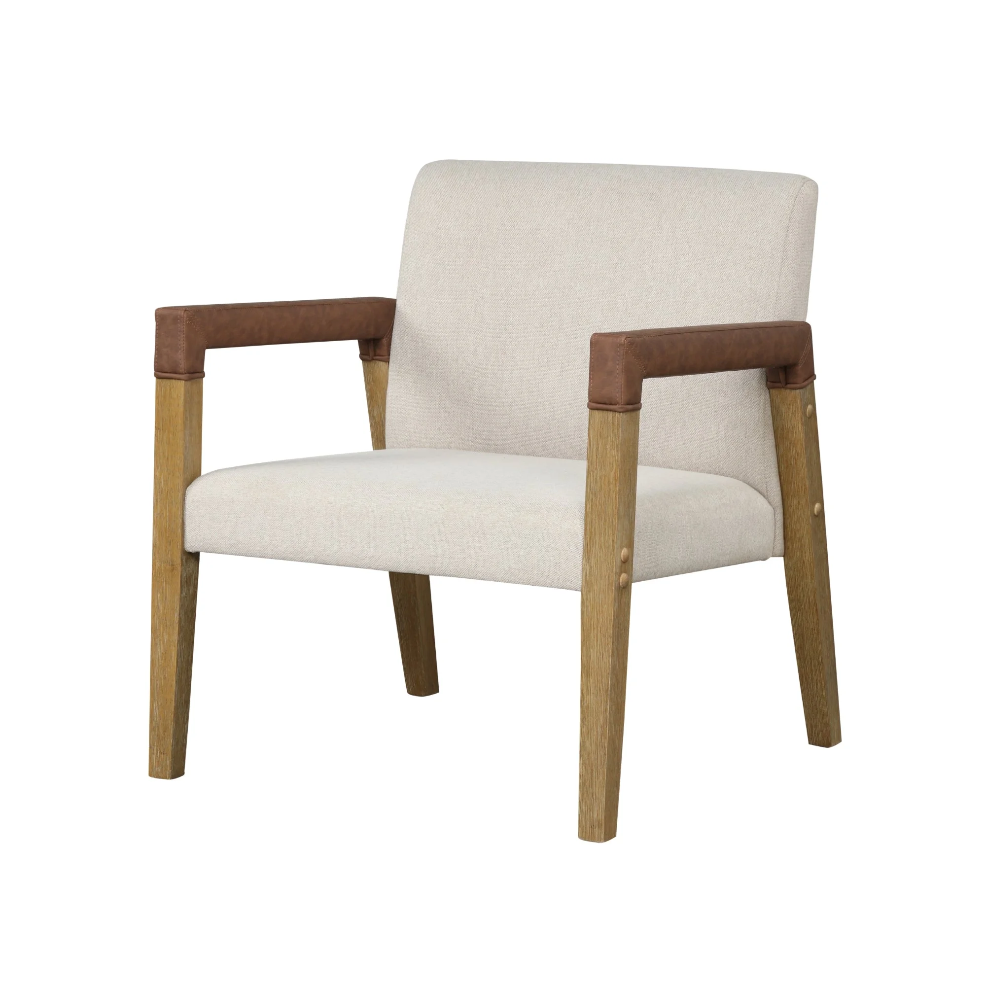Nathan James Hudson Natural Flax Upholstered Accent Chair with Arms Wrapped in Chestnut Brown Faux Leather