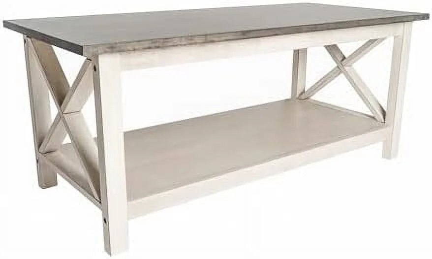 KHBIULIFE Farmhouse Style Solid Wood Coffee Table with Traditional X-Frame Design and Lower  in Acacia Gray and Rustic White