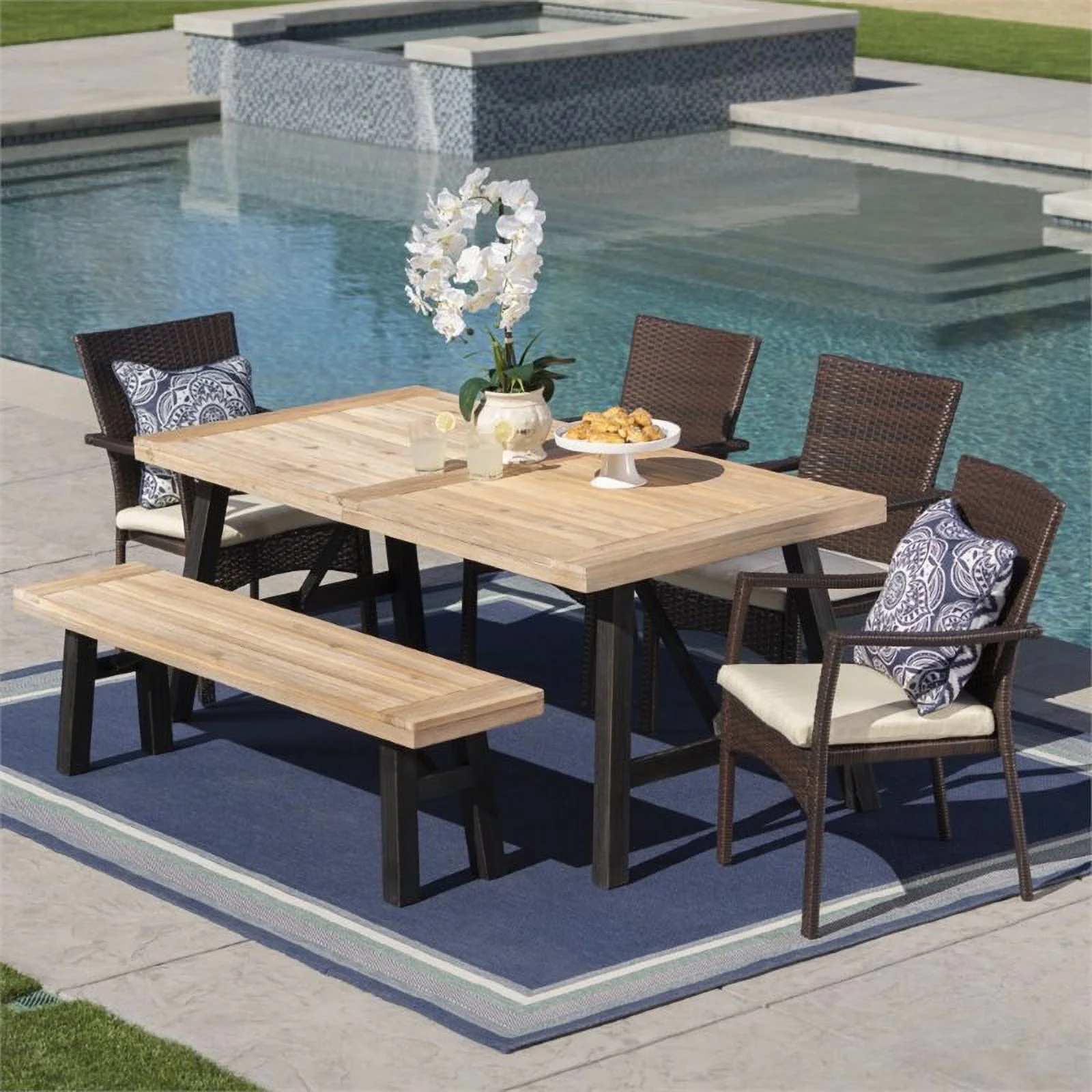 Noble House Horton 6 Piece Wood Top Patio Dining Set in Brushed Gray