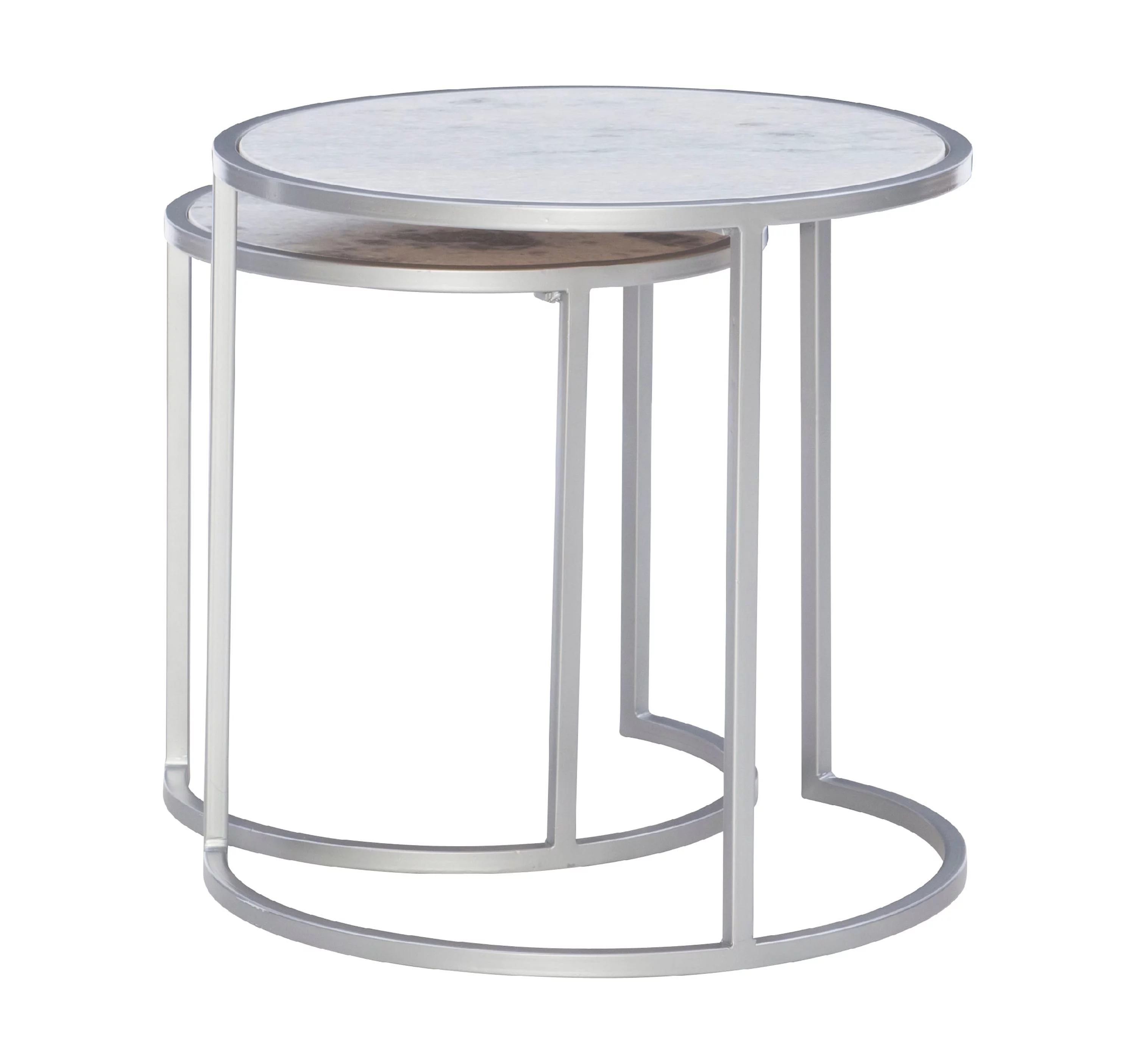 Heather Round Nesting Tables, Set of 2, Silver Metal Base with White Marble Tops