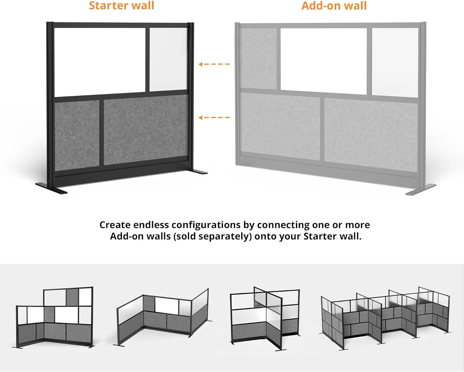 Stand Up Desk Store Modular Wall | 53in x 48in Starter Wall | Expandable Partition Room Divider with Rearrangeable Whiteboard, Frosted Acrylic, & Sound Absorbent Panels (Black Frame)