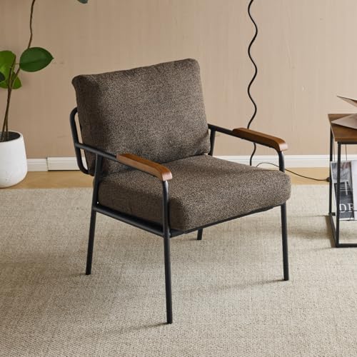 Karl home Mid-Century Accent Chair Linen Fabric Arm Chair with Metal Legs Thick Padded Sofa Chair Lounge Chair with Pillow, for Living Room, Bedroom, Belcony, Beige