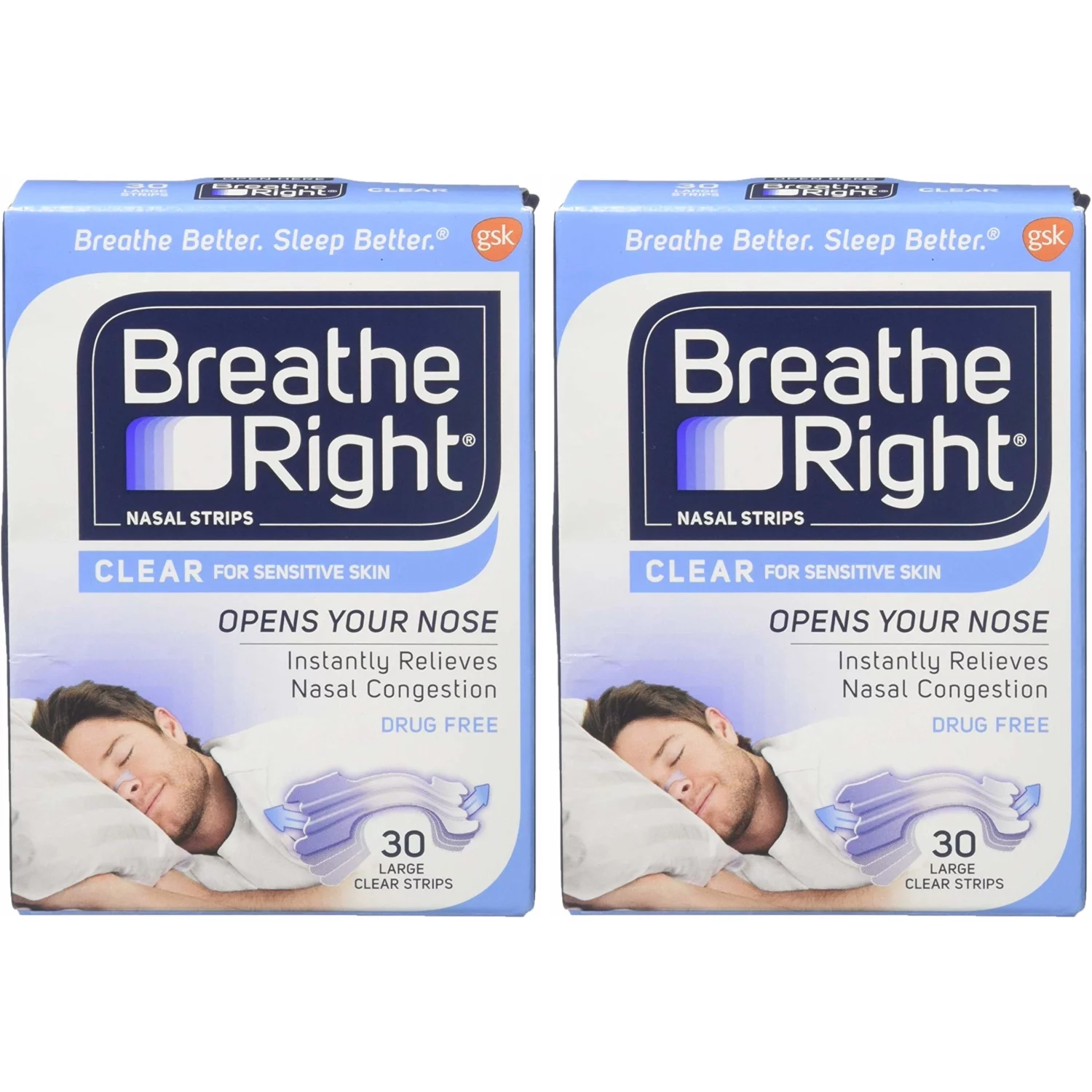2 Pack Breathe Right Nasal Strips For Sensitive Skin - 30 Large Clear Strips Ea