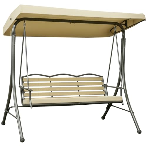 Outsunny 3-Seat Patio Swing Chair with Seat Cushion, Porch Swing Glider with Adjustable Canopy, Weather Resistant Steel Frame, for Porch, Garden, Poolside, Backyard, Beige