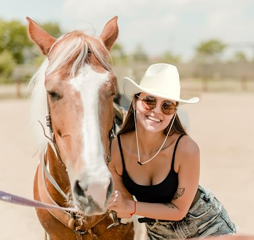 Lanzom Women Men Retro Felt Wide Brim Western Cowboy Cowgirl Hat Dress Up Hat with Wind Lanyard