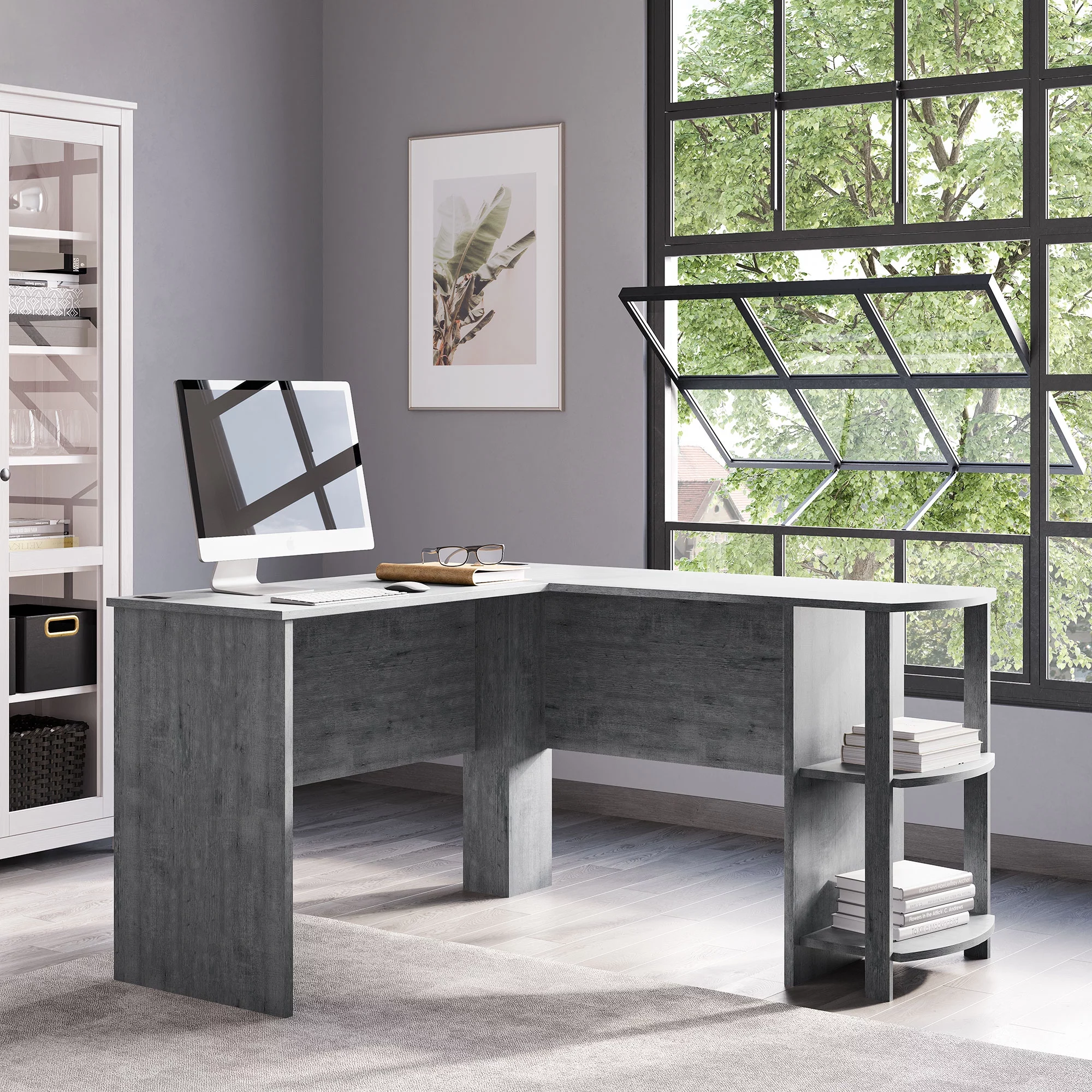 BELLEZE Corner L-Shaped Home Office Computer Desk - Kent (Grey)