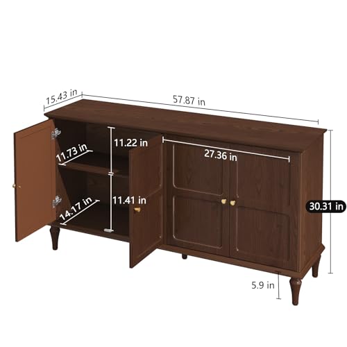 ARTPOWER Sideboard Buffet Cabinet with Storage, 58'' Mid-Century Modern Storage Cabinet with 4 Doors and Adjustable Shelves, Accent Style Sideboard for Entryway, Dining Room, Living Room, Brown