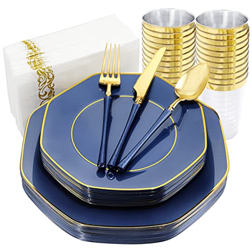 KIRE 350 PCS Plastic Dinnerware Set for 50 Guests, Silver Plastic Plates Include 50 Dinner, 50 Dessert Plates, 50 Pre Rolled Napkins with Silverware, 50 Cups for Wedding, Party, Banqet, Christmas