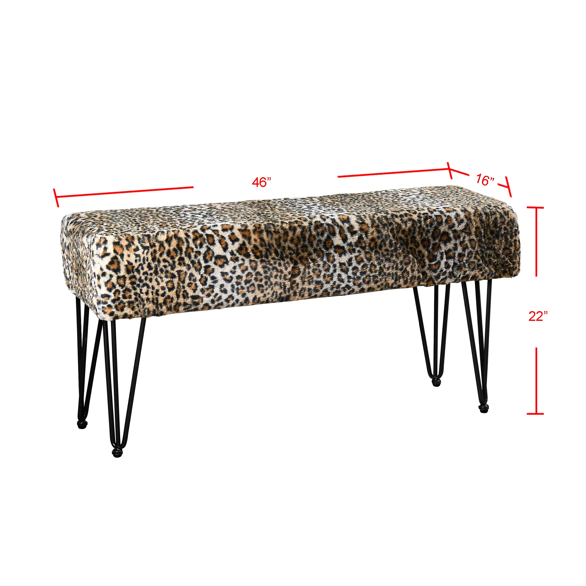 Home Soft Things Faux Fur Ottoman- Leopard - Black Leg - 46x16x22