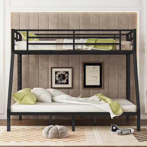 Heavy Duty Bunk Bed Frame with Ladder, Twin XL Over Twin XL Bunk Beds with Safety Guardrails, Adults Bunk Beds with Noise-Reducing Rubber Stoppers, Easy Assemble, Black
