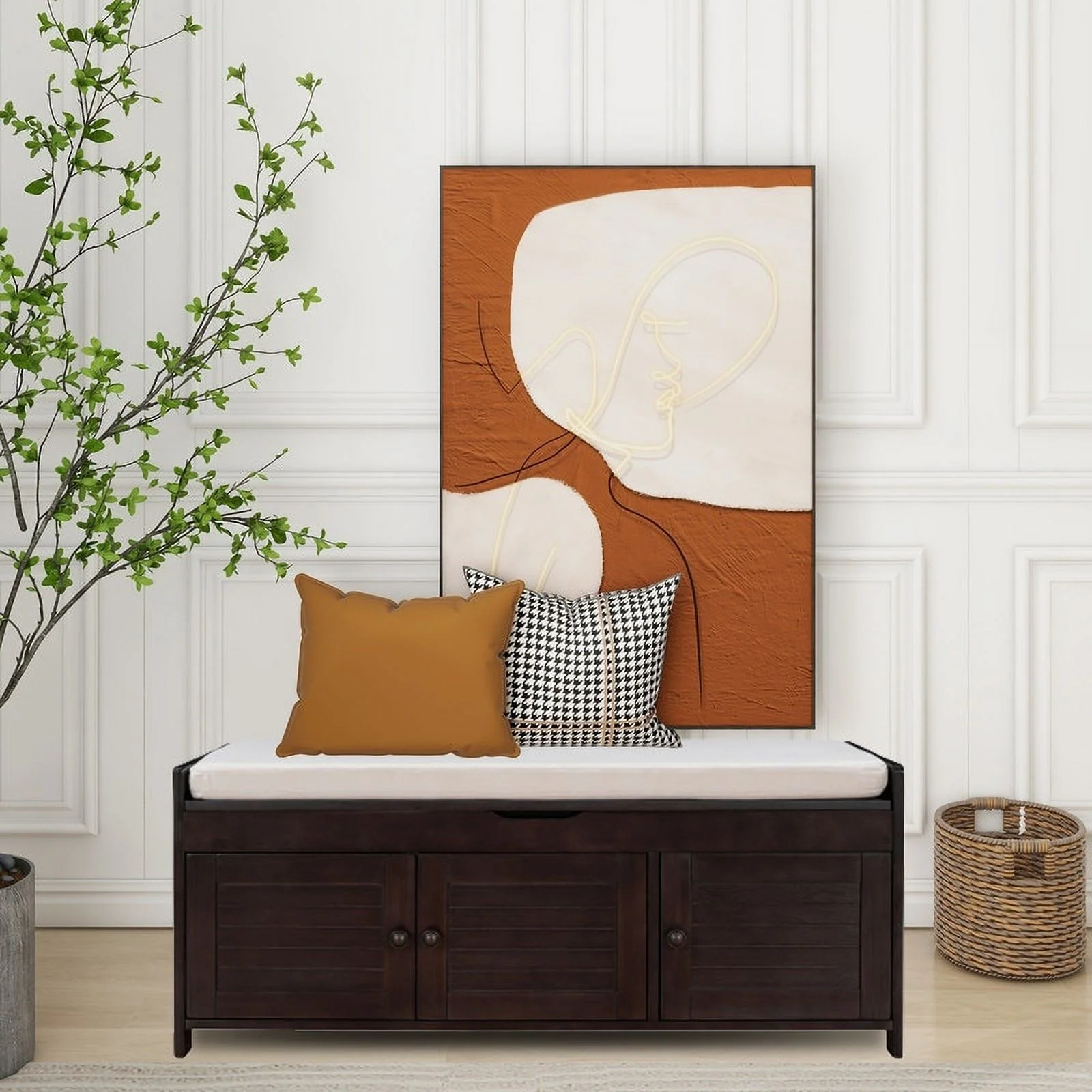 Wooden shoe storage stool with cushioned entrance bench with built-in adjustable shelf and flip top Espresso