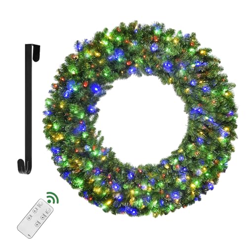 48in Large Christmas Outdoor Wreath - HOYECHI Lighted Wreaths Holiday Decor, Outdoor Wreath with 210 Colorful LEDs,714 PVC Tips, Metal Hook, 9 Functions, Timer, Power Plug-in, Remote Controls