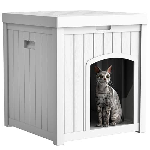 Outdoor Cat House for Winter Waterproof, Outside Multiple Feral Kitty Cat Houses, Outdoor Cat Litter Box Enclosure Weatherproof, Small Medium Dogs House, Durable Resin Plastic, White
