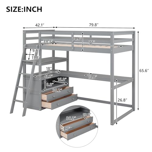 Harper & Bright Designs Twin Size Loft Bed with Wardrobe, Desk and Multiple Storage Shelves, Solid Wood Loft Bed Frame with Bookshelf, for Kids Teens Adults (White)
